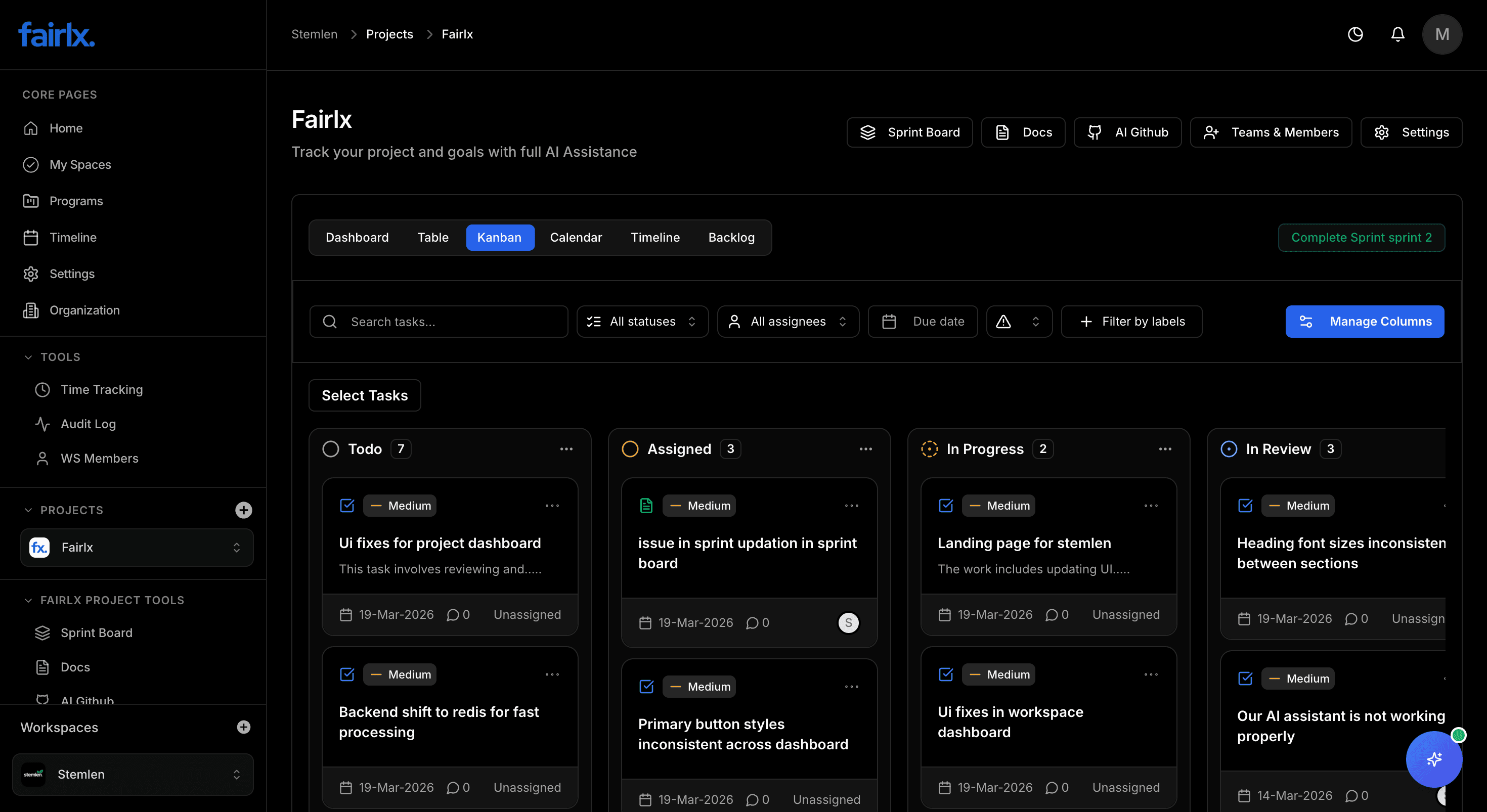 fairlx platform dashboard — project management and team coordination